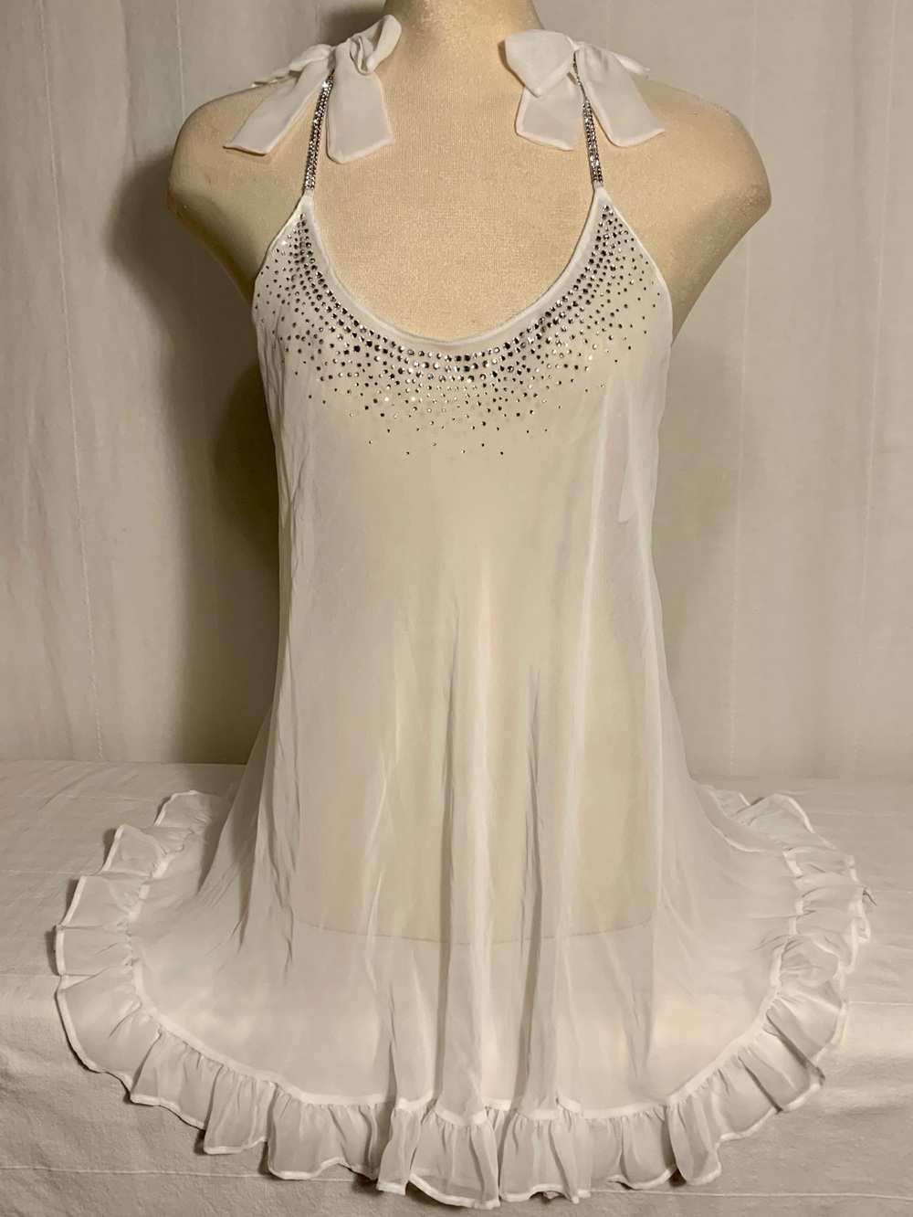 Sheer chemise with shoulder bows and rhinestones - Wedding white